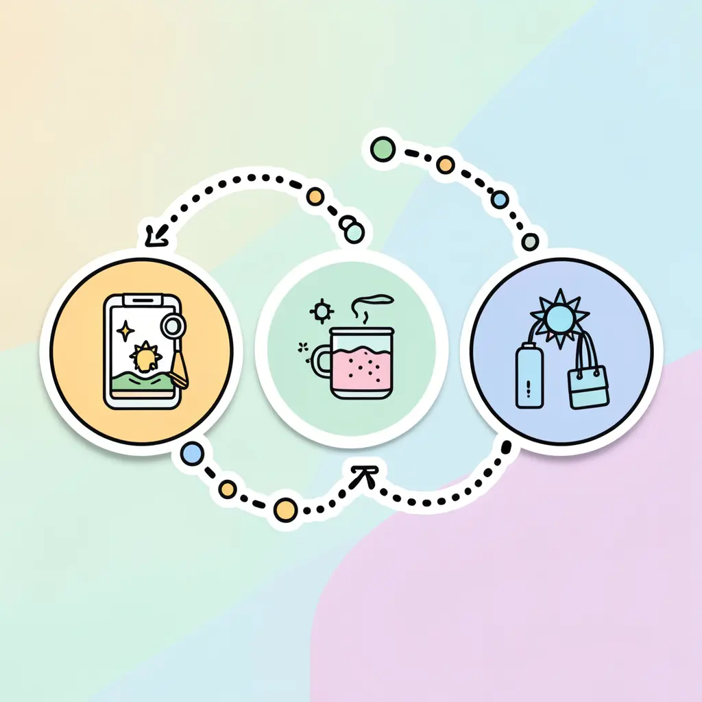 Three circular icons representing daily routine steps connected by dotted lines